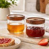 Poomy 300 ml Cam Kahvaltılık 2’li Set, Akasya Kapaklı Şeffaf Cam Saklama Kavanozu, Kahvaltı Sunum Kabı, Zeytin Reçel Bal Kuruyemiş Sos Atıştırmalık Kavanozu