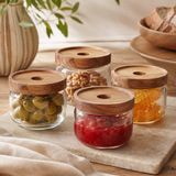Poomy 300 ml Cam Kahvaltılık 4’lü Set, Akasya Kapaklı Şeffaf Cam Saklama Kavanozu, Kahvaltı Sunum Kabı, Zeytin Reçel Bal Kuruyemiş Sos Atıştırmalık Kavanozu