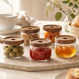 Poomy 300 ml Cam Kahvaltılık 5’li Set, Akasya Kapaklı Şeffaf Cam Saklama Kavanozu, Kahvaltı Sunum Kabı, Zeytin Reçel Bal Kuruyemiş Sos Atıştırmalık Kavanozu
