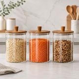 Poomy 3’lü 2260 ml Borosilikat Cam Kavanoz Seti, Ahşap Kapaklı Büyük Boy Mutfak Saklama Kabı, Kahve, Bakliyat, Makarna, Kuruyemiş ve Tahıl İçin Şık Cam Erzak Kavanozu