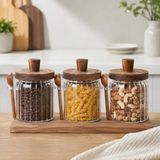 Poomy 3’lü 450 ml Borosilikat Cam Kavanoz Seti, Ahşap Kapaklı Kaşıklı Küçük Boy Mutfak Saklama Kabı, Kahve, Şeker, Baharat, Kuruyemiş ve Bakliyat İçin Şık Cam Erzak Kavanozu