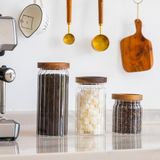 Poomy 3'lü Borosilikat Cam Kavanoz Seti - Ahşap Kapaklı Çizgili Cam Saklama Kabı - Mutfak Düzenleyici Erzak ve Baharatlık Seti (500ml - 700ml - 1000ml)