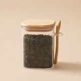 Poomy 450 ML Bambu Kapaklı Vakumlu Kaşıklı Borosilikat Cam Saklama Kabı, Kare Cam Kavanoz, Çay Kahve Baharat Şeker ve Kuru Gıda Saklama Kabı