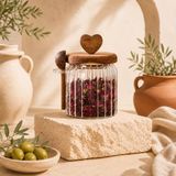 Poomy 460 ML Kalp Kulplu Kaşıklı Cam Kavanoz Akasya Ahşap Kapaklı Baharat Çay Kuruyemiş Saklama Kabı
