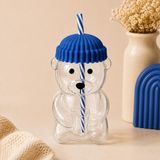 Poomy 580 ml Ayıcık Figürlü Pipetli Cam Bardak Silikon Kapaklı Isıya Dayanıklı (Mavi)