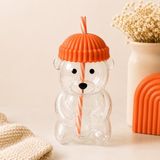 Poomy 580 ml Ayıcık Figürlü Pipetli Cam Bardak Silikon Kapaklı Isıya Dayanıklı (Turuncu)