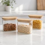 Poomy 650 ML Dikdörtgen Cam Kavanoz Seti 3’lü, Bambu Kapaklı Cam Saklama Kabı, Kuru Gıda Kahve Makarna Kuruyemiş Baharat İçin Mutfak Düzenleyici