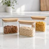 Poomy 650 ML Dikdörtgen Cam Kavanoz Seti 3’lü, Bambu Kapaklı Cam Saklama Kabı, Kuru Gıda Kahve Makarna Kuruyemiş Baharat İçin Mutfak Düzenleyici