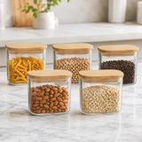 Poomy 650 ML Dikdörtgen Cam Kavanoz Seti 5’li, Bambu Kapaklı Cam Saklama Kabı, Kuru Gıda Kahve Makarna Kuruyemiş Baharat İçin Mutfak Düzenleyici