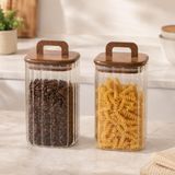 Poomy 700 ml Kare Line Cam Kavanoz 2’li Set, Akasya Kapaklı Şeffaf Cam Saklama Kavanozu, Ahşap Kapaklı Mutfak Düzenleyici, Bakliyat Makarna Kahve Çay Kuruyemiş Kuru Gıda Kabı