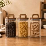 Poomy 700 ml Kare Line Cam Kavanoz 3’lü Set, Akasya Kapaklı Şeffaf Cam Saklama Kavanozu, Ahşap Kapaklı Mutfak Düzenleyici, Bakliyat Makarna Kahve Çay Kuruyemiş Kuru Gıda Kabı