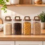 Poomy 700 ml Kare Line Cam Kavanoz 4’lü Set, Akasya Kapaklı Şeffaf Cam Saklama Kavanozu, Ahşap Kapaklı Mutfak Düzenleyici, Bakliyat Makarna Kahve Çay Kuruyemiş Kuru Gıda Kabı