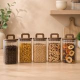 Poomy 700 ml Kare Line Cam Kavanoz 5’li Set, Akasya Kapaklı Şeffaf Cam Saklama Kavanozu, Ahşap Kapaklı Mutfak Düzenleyici, Bakliyat Makarna Kahve Çay Kuruyemiş Kuru Gıda Kabı