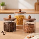 Poomy 750 ml Akasya Kapaklı Line Cam Kavanoz 3’lü Set, Çizgili Şeffaf Cam Saklama Kavanozu, Ahşap Kapaklı Mutfak Düzenleyici, Kahve Çay Bakliyat Makarna Kuruyemiş Kuru Gıda Kabı