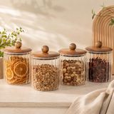 Poomy 750 ml Akasya Kapaklı Line Cam Kavanoz 4’lü Set, Çizgili Şeffaf Cam Saklama Kavanozu, Ahşap Kapaklı Mutfak Düzenleyici, Kahve Çay Bakliyat Makarna Kuruyemiş Kuru Gıda Kabı