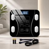 Poomy Akıllı Vücut Analizli Dijital Baskül, Bluetooth OKOK Uygulama Bağlantılı, 180 kg Kapasiteli Cam Banyo Tartısı, LCD Ekranlı Hassas Kilo Tartısı, 2 Pil ve Atlama İpi Hediyeli