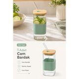 Poomy Bambu Kapaklı Cam Pipetli Bardak Silikon Kılıflı Soğuk Kahve ve Meşrubat Bardağı 400 ml