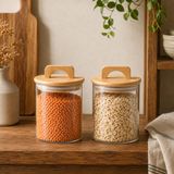 Poomy Havana Bambu Kapaklı Cam Kavanoz 370 ml 2’li Set, Şeffaf Cam Saklama Kavanozu, Kulplu Bambu Kapaklı Mutfak Düzenleyici, Kahve Çay Baharat Bakliyat Atıştırmalık Kavanozu