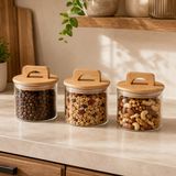 Poomy Havana Bambu Kapaklı Cam Kavanoz 370 ml 3’lü Set, Şeffaf Cam Saklama Kavanozu, Kulplu Bambu Kapaklı Mutfak Düzenleyici, Kahve Çay Baharat Bakliyat Atıştırmalık Kavanozu