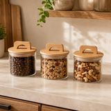 Poomy Havana Bambu Kapaklı Cam Kavanoz 370 ml 3’lü Set, Şeffaf Cam Saklama Kavanozu, Kulplu Bambu Kapaklı Mutfak Düzenleyici, Kahve Çay Baharat Bakliyat Atıştırmalık Kavanozu