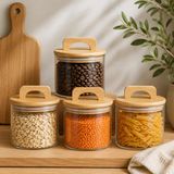Poomy Havana Bambu Kapaklı Cam Kavanoz 370 ml 4’lü Set, Şeffaf Cam Saklama Kavanozu, Kulplu Bambu Kapaklı Mutfak Düzenleyici, Kahve Çay Baharat Bakliyat Atıştırmalık Kavanozu