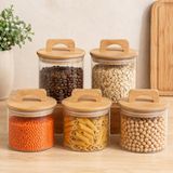 Poomy Havana Bambu Kapaklı Cam Kavanoz 370 ml 5’li Set, Şeffaf Cam Saklama Kavanozu, Kulplu Bambu Kapaklı Mutfak Düzenleyici, Kahve Çay Baharat Bakliyat Atıştırmalık Kavanozu