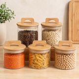Poomy Havana Bambu Kapaklı Cam Kavanoz 370 ml 5’li Set, Şeffaf Cam Saklama Kavanozu, Kulplu Bambu Kapaklı Mutfak Düzenleyici, Kahve Çay Baharat Bakliyat Atıştırmalık Kavanozu