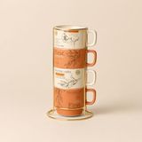Poomy Porselen 4’lü Kupa Seti, Metal Askılı Standlı Desenli Kahve Kupası Takımı, 200 ML Seramik Fincan Seti, Çay Kahve Süt ve Sunum Kupası