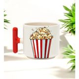 Popcorn Tasarımlı Kırmızı T Kulplu Seramik Baskılı Kupa Bardak 250 ml - Beyaz - Krem