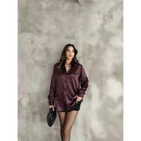 Pophlin Bordo Leopar Saten Oversize Gömlek