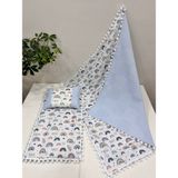 Poplin Kumaş ve Ponponlu Alt Açma , Yastık ve Battaniye 3'lü Set - Mavi - 100 x 100