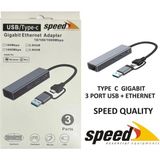 Popüler Sepet Speed Sp UET01 10/100/1000MBPS USB / Type-C 3 Port USB 3.0 Çoklayıcı Gıgabıt Ethernet Dönüştürücü
