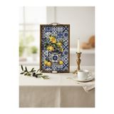 PorcelainAtelier El Yapımı Kütahya Çini Desenli Ahşap & Seramik Tepsi 42x28 cm | Dekoratif & Servis Tepsisi Limon