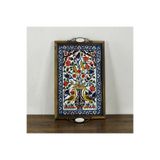 PorcelainAtelier El Yapımı Kütahya Çini Desenli Ahşap & Seramik Tepsi 42x28 cm | Dekoratif & Servis Tepsisi Sarı Anka