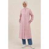 PORİENTO Açık Pembe %100 Pamuk Müslin Kumaş Fermuarlı Uzun Tesettür Kadın Tunik - Hac, Umre ve Günlük Kullanım Uyumlu