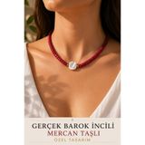 PORSE AA+ Kalite Sertifikalı Gerçek Barok İncili Mercan Taşlı Özel Tasarım Kolye