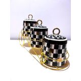 Porselen Baharat Takımı, Siyah Beyaz Kareli Desenli, 3'lü Set, Metal Kulplu