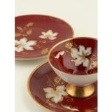Porselen Çay Fincanı Seti, Bordo Renk, Altın Yaldızlı, Çiçek Desenli, 3 Parça, Fincan 10cm, Tabak 15cm ve 19cm