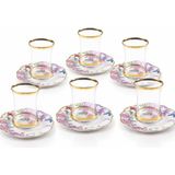 Porselen Çay Seti, 6 Kişilik, Çiçek Desenli, Altın Yaldızlı, 12 Parça, 5 cm Tabak - Çok Renkli