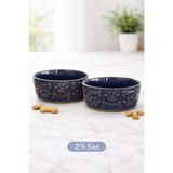 Porselen Diyarı 2'li Set Porselen Kedi Köpek Mama ve Su Kabı Mavi-Mavi (14CM&5.5 Cm)