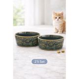 Porselen Diyarı 2'li Set Porselen Kedi Köpek Mama ve Su Kabı Yeşil-Yeşil (14CM&5.5 Cm)