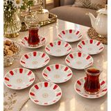 Porselen Kırmızı Beyaz Kahveci Otantik Çay Tabağı 12'li Geniş Taban - Kırmızı - Beyaz