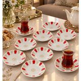 Porselen Kırmızı Beyaz Otantik Çay Tabağı Geniş Taban 12'li Set | Kahveci Tasarımı, Geniş Taban, 12 Adet, Porselen Malzeme, Kırmızı Beyaz