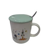 Porselen Kupa Bardak Mug Hediyelik Ürün Beyaz Tekli Yeşil Kapaklı Metal Kaşıklı