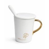 Porselen Kupa Bardak Mug Hediyelik Ürün Tekli Metal Kaşıklı Beyaz Gold Rose Kapaklı