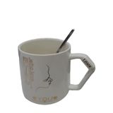 Porselen Kupa Bardak Mug Hediyelik Ürün Tekli Metal Kaşıklı Love Aşk Beyaz Rose Gold Gümüş Renk Kaşık 9cm Yükseklik