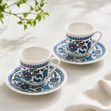 Porselen Türk Kahvesi Fincan Takımı, Geleneksel Çini Desenli El Boyaması Kahve Fincanı Seti, Tabaklı Fincan Takımı, Çeyizlik ve Hediyelik Sunum Seti (2-li, 2, 1)