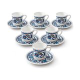 Porselen Türk Kahvesi Fincan Takımı, Geleneksel Çini Desenli El Boyaması Kahve Fincanı Seti, Tabaklı Fincan Takımı, Çeyizlik ve Hediyelik Sunum Seti (6-Lı, 6,1) - Renkli