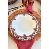 porselenden Antique Rose 6 kişilik 21 cm Özel Tasarım Premium Porselen Çukur Yemek Tabağı Bordo Çiçek Desenli