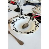 porselenden Fiyonk 4 Adet Kırık Beyaz Premium Porselen 23 Cm Çukur Tabak Takımı Siyah Kurdele Desen Yemek Tabağı